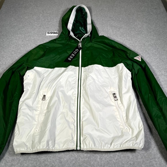 Guess Jackets & Blazers - GUESS Windbreaker Jacket Womens XL Green White Colorblock Hooded Waterproof